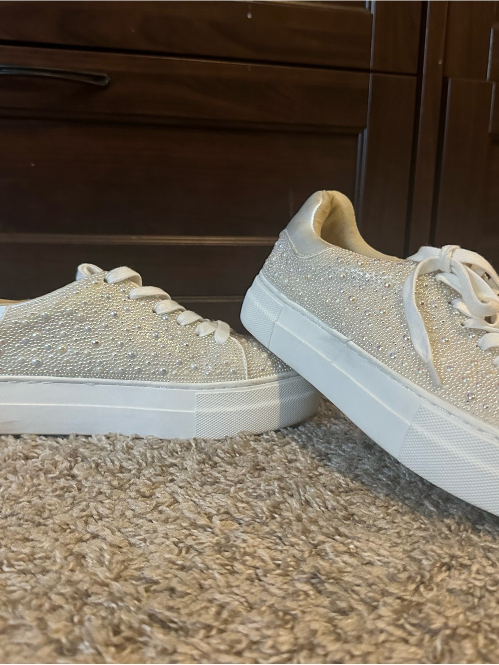 Betsey Johnson Pearl-Embellished Cream Platform Sneakers